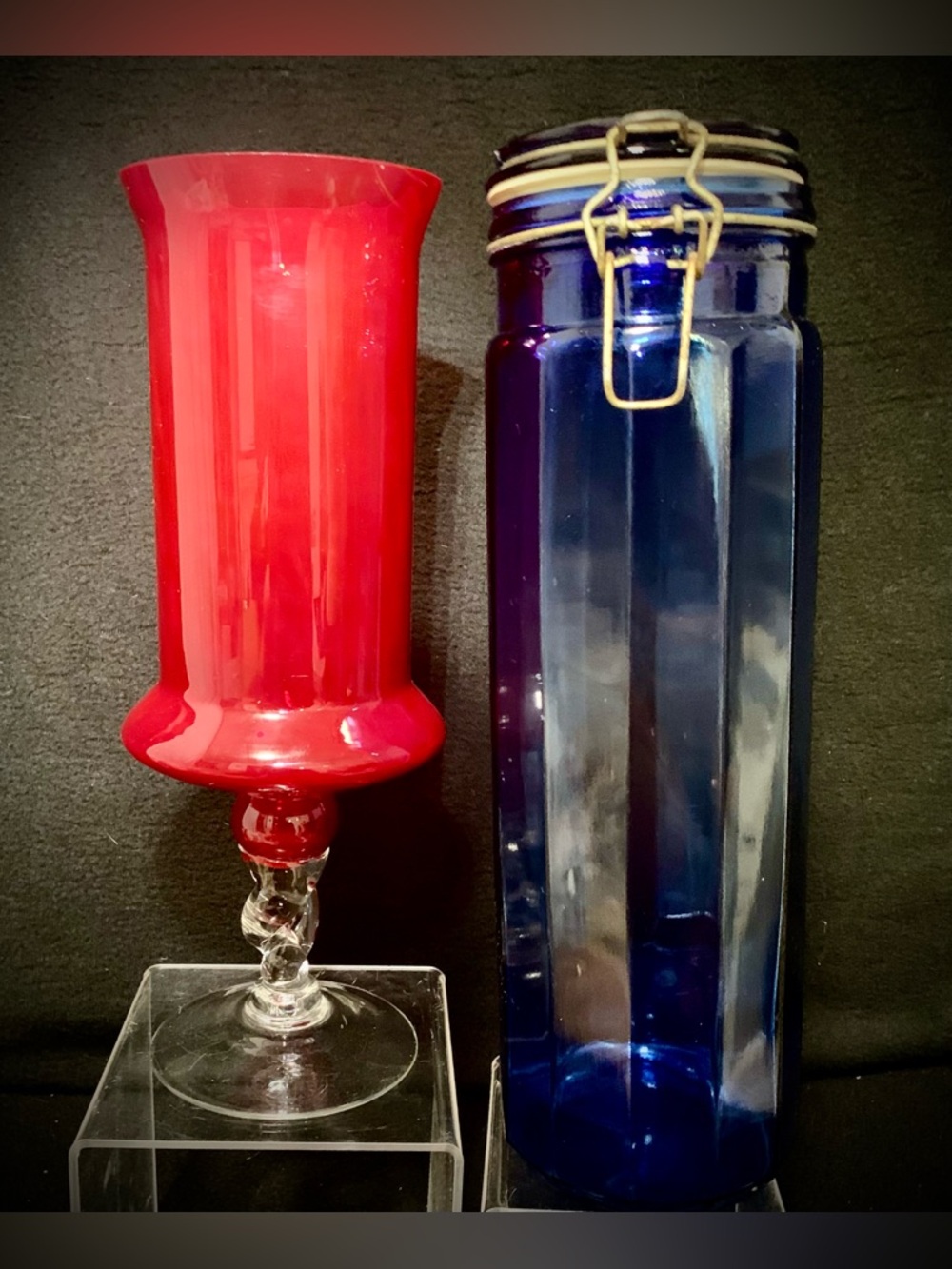 🔍 Ruby Red Glass Vase & Cobalt Blue Glass Canister Set